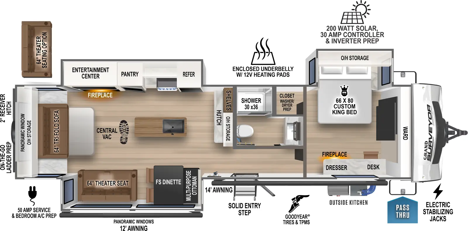 The 305RLBS has one entry and three slideouts. Exterior features pass-thru storage, solid entry step, an outside kitchen, 12 foot awning and 14 foot awning, Goodyear tires and TPMS, on-the-go-ladder prep, 2 inch receiver hitch, 50 amp service, bedroom A/C prep, enclosed underbelly with 12 volt heating pads, 200 watt solar with 30 amp controller and inverter prep, and electric stabilizing jacks. Interior layout from front to back: front wardrobe, off-door side custom king bed slideout with overhead storage, off-door side closet with washer/dryer prep, and door side dresser with fireplace and desk; off-door side full bathroom; entry; hutch with shelves and overhead storage along inner wall; off-door side slideout with refrigerator, pantry, entertainment center and fireplace; kitchen island with sink, door side slideout with free-standing dinette with multi-purpose ottoman, theater seat, and panoramic window; rear tri-fold sofa with overhead storage and panoramic window. This RV has central vacuum. Optional theater seat available in place of rear tri-fold sofa.